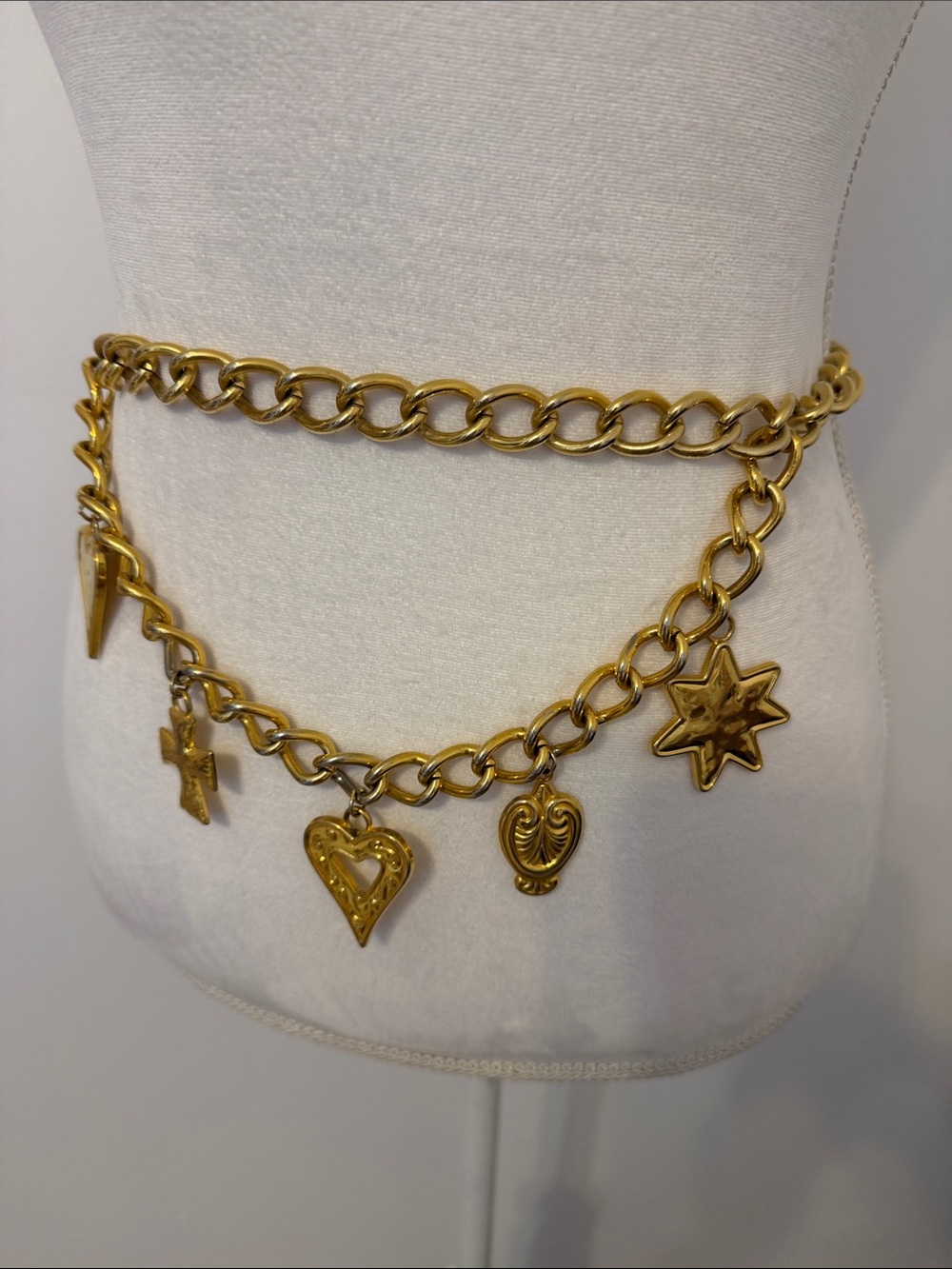 Vintage, Gold Charm Chain Waist Belt with Heart & Star Charms